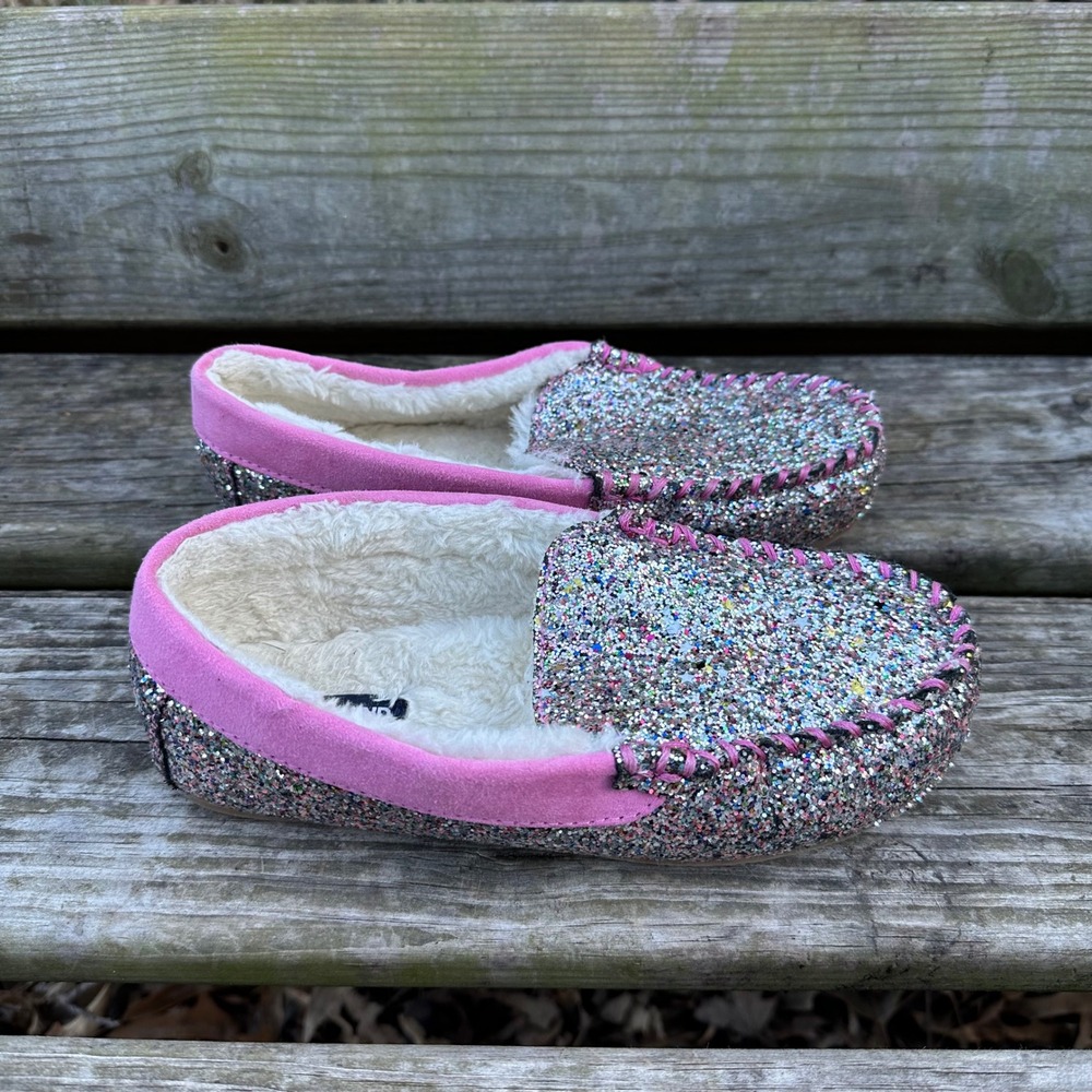 Lands End Girls Pink Glitter Faux‎ Fur Moccasin Slippers Multi Color Size 5